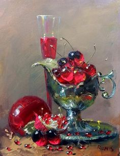 a painting of red flowers in a glass vase and other items on a table top