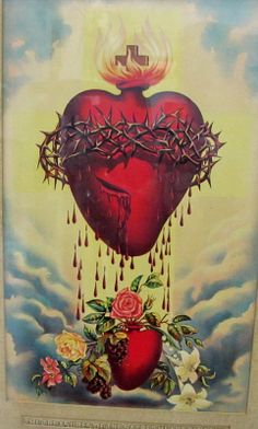 a painting of a heart with crown of thorns attached to it and dripping blood