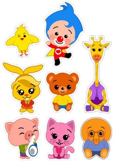 various animal stickers are shown in different colors and sizes, including one with blue hair