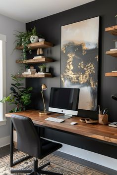 a desk with a computer on top of it next to a potted plant and bookshelf