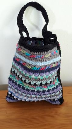 Crocheted Tote Handbag. Multicolor and grey with black handle.  100% cotton. 17x18 cm. Wedding Bags, Small Tote Bag, Crochet Tote, Wedding Bag, Accessories Bags Purses, Cotton Crochet, Tote Handbag, Small Tote, Black Handle