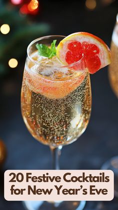 A festive cocktail with a champagne flute, garnished with a slice of fruit, perfect for celebrating New Year's Eve. Glittery Cocktail Drink, Anniversary Drinks Cocktails, New Year’s Eve Beverages, Cocktails With Half And Half, Glitter Champagne Drink, New Year Party Drinks, New Year’s Eve Champagne Drink, New Years Eve Large Batch Cocktails, Silver Drinks Cocktails