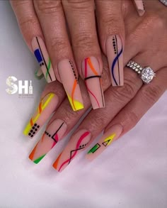 All Over Nail Design, Line Design Nails Coffin, Spring 2023 Nail Trends Coffin, Drastic Nail Designs, Colorblock Nails Acrylic, Nigerian Nail Design, Color Pop Nail Art, Colorful Coffin Acrylic Nails, Trendy Acrylic Nail Designs 2023