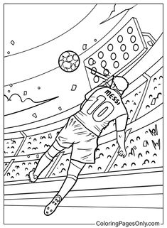 a coloring page with a soccer player kicking the ball in front of an empty stadium