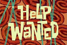 the words help wanted are in front of an image of donuts with green stems