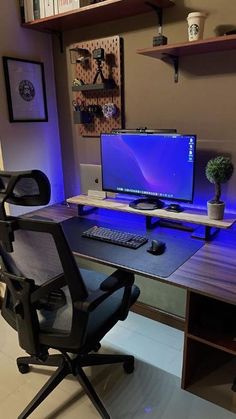 a desk with a computer on it and a plant in the corner next to it