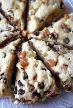 a white plate topped with cookies and chocolate chips