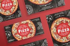 four different pizzas are shown on the red background