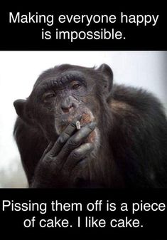 a chimpan holding his hands to his mouth with the caption making everyone happy is impossibleble pissing them off is a piece of cake i like cake