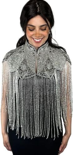 PRICES MAY VARY. Our Cape / Cardigans / Bolero are Made of high quality polyester fabric, embellished sequins and beads. Size: One size fits most. Match perfectly with your 1920s flapper outfit, also charming with any other types of dresses, sweater, shirts, etc. Design: See-through evening shawl and wrap embellished with beads and sequins, metal hook closure, ends with elegant tassel. Stylish outfit for daily wear, also can be wore as a vintage 1920s flapper outfit for a special event such as G Evening Shawls And Wraps, Art Deco Clothing, Flapper Outfit, Sequin Cape, Bridal Art, 20s Fashion, Stylish Party, Stylish Party Dresses, Stylish Dresses For Girls