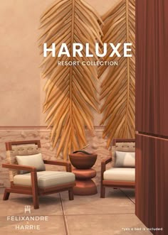 the cover of harluxe resort collection, featuring two chairs and a table