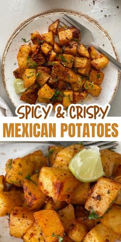 two plates with different types of food on them and the words spicy & crispy mexican potatoes