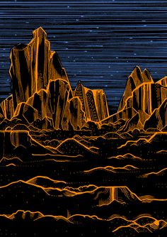 an orange and black drawing of mountains in the night sky