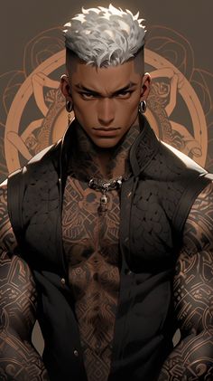 a man with white hair and tattoos standing in front of a tattoo design on his chest