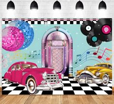 an image of a wall mural with old cars and disco balls