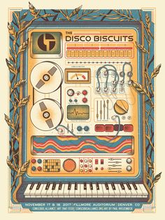 the disco biscuits poster is shown with various instruments and music equipment on it's side