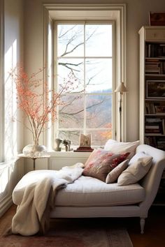 a white chaise lounge chair sitting in front of a window filled with lots of books