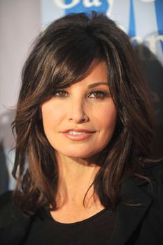 Medium Shag Bangs, Funky Hair Day, Celebrity Woman, Funky Hair, Gina Gershon, Wavy Hairstyle, Hair With Bangs, Funky Hairstyles, Long Hair With Bangs