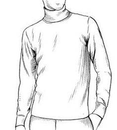 a black and white drawing of a man wearing a turtle neck sweater with his hands in his pockets