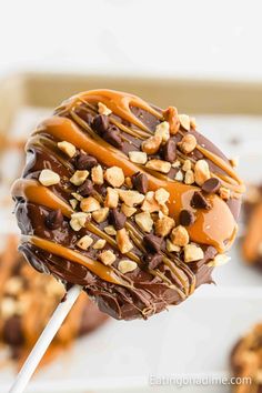 chocolate covered caramel pretzel pops on a stick with chopped nuts and drizzle