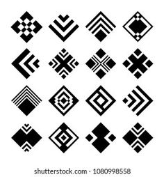 black and white geometric design elements on a white background, set of nine different shapes