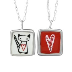 For those who love cats.  Cute cat drawing on one side and a heart drawing on the other side!This sterling silver and enamel necklace measures about 3/4 of an inch tall and hangs from a sterling silver chain with a spring ring clasp.Each piece is cast in sterling silver, to which 3 layers of vitreous enamel are applied and fired. Finally, I apply and fire the custom screen prints made from my drawings. Adorable, durable, and unique!Look for the matching earrings:https://www.etsy.com/listing/1207 A Heart Drawing, Glass Store, Cute Cat Drawing, Vitreous Enamel, Custom Screen Printing, Heart Drawing, Cute Box, My Drawings, Enamel Necklaces