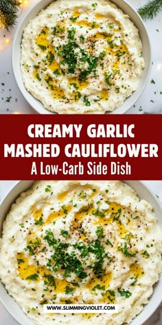 creamy garlic mashed cauliflower in a bowl with the title above it