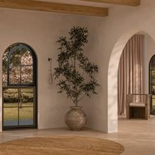 a large potted plant sitting in the middle of a living room with arched windows