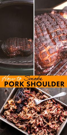 pork shoulder roasting on the grill with bbq sauce and barbecue tongs next to it