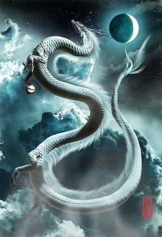 a white dragon flying through the sky with a lantern in it's mouth,