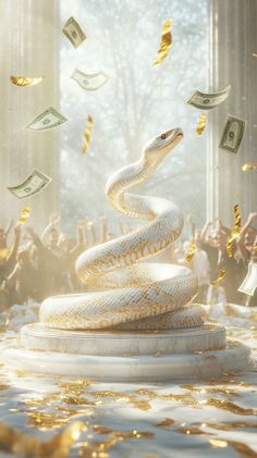 a white snake is on top of a pedestal surrounded by money and gold confetti