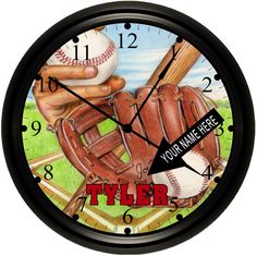 a clock with a baseball and glove on it