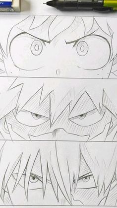 three different anime faces drawn on paper with markers and pencils next to each other