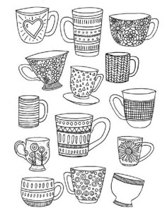 coffee cups and saucers are drawn in black ink on white paper, with the words love