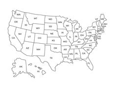 a map of the united states with names and abbreviations for each state on it