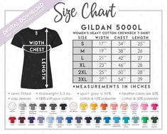 the size chart for women's gilan 5001 t - shirt with measurements