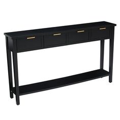 a black console table with two drawers and gold pulls on the bottom shelf, against a white background