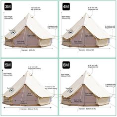 three pictures showing the details of a canvas bell tent with instructions for measurements and measurements