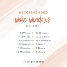 the recommended wake windows by age is shown in pink and white with text that reads recommended wake windows by age