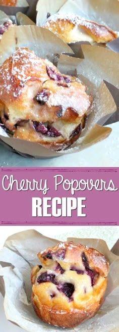 blueberry popovers recipe with text overlay that reads, cherry popovers recipe