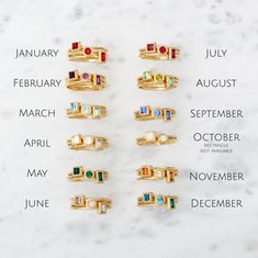 "Know someone with a May birthday ~ this is the perfect gift! Stackable birthstone rings are the IT accessory. Wear by itself or pair with with an initial ring! This listing is for one 24K gold vermeil stackable birthstone ring with a Swarovski crystal (please see color chart for color selection). Round, square, or rectangle stone settings are available. Want more rings or a different month? Build Your Own Gold Stackable Ring listing: https://www.etsy.com/listing/250020772 Also, available in SIL Ring For Mothers, Mothers Ring Two, Cheap Women's Stackable Rings With Names, Ring With Stone For September, Rose Gold Mothers Rings, Best Stackable Wedding Rings, Baguette Mothers Ring, Minimalist Mothers Ring, Mothers Ring Stackable