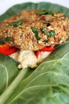 a close up of a plate of food on a leaf