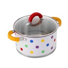 a pot with a wooden handle and colorful polka dots on the bottom, sitting in front of a white background