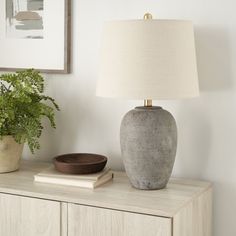 a table lamp sitting on top of a wooden dresser next to a potted plant