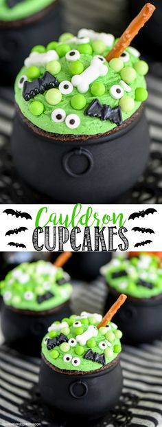 halloween cupcakes with green icing and googly eyes in black pans