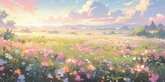 a field full of flowers with the sun setting in the sky behind it and clouds