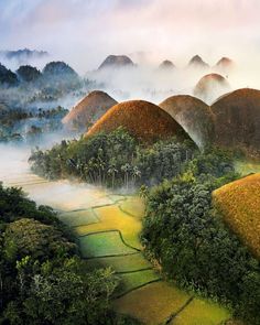 an aerial view of some hills and trees in the distance with mist rolling over them