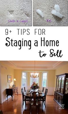 a dining room table and chairs with the words 9 tips for staging a home to sell