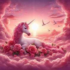 the unicorn is sitting in the clouds with pink roses