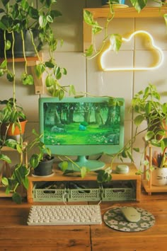 a computer monitor sitting on top of a wooden desk